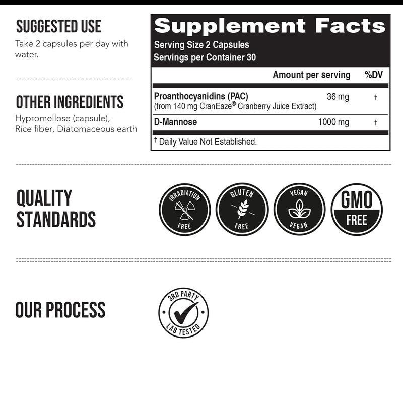 Urinary Tract Support, Soluble PAC 36mg + D-Mannose 1,000mg  - 60 Capsules
