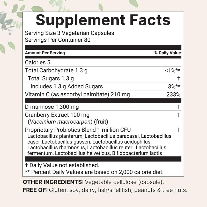 Pure D-Mannose with Cranberry, Probiotics & Vitamin C - 240 Capsules