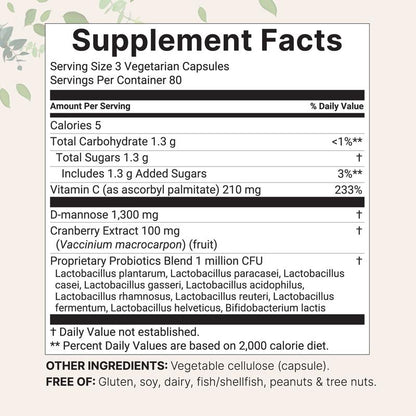 Pure D-Mannose with Cranberry, Probiotics & Vitamin C - 240 Capsules