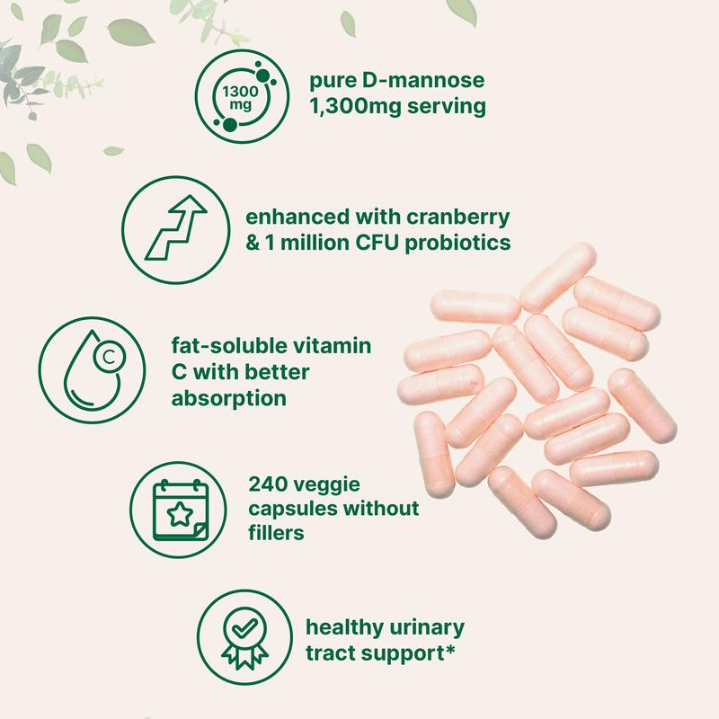 Pure D-Mannose with Cranberry, Probiotics & Vitamin C - 240 Capsules